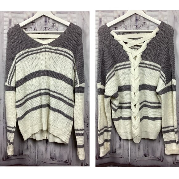 Dereck Heart Sweater Gray Cream Lace Up Back 1X - Picture 1 of 9